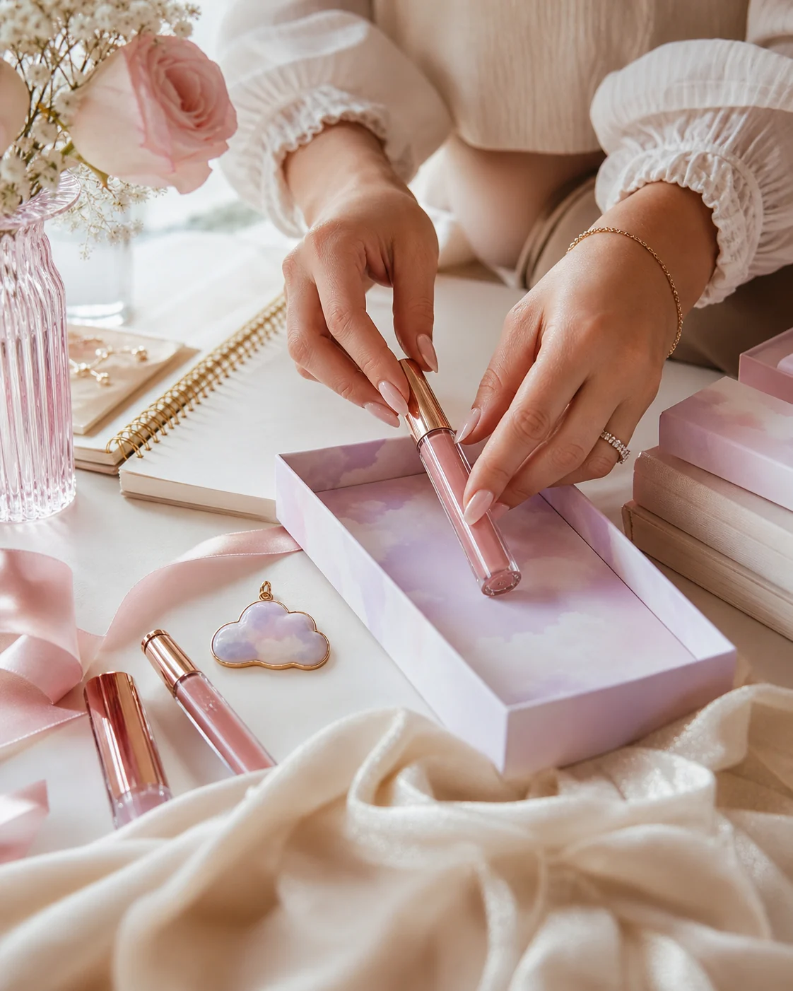 Founder workspace placeholder with lip gloss packaging details