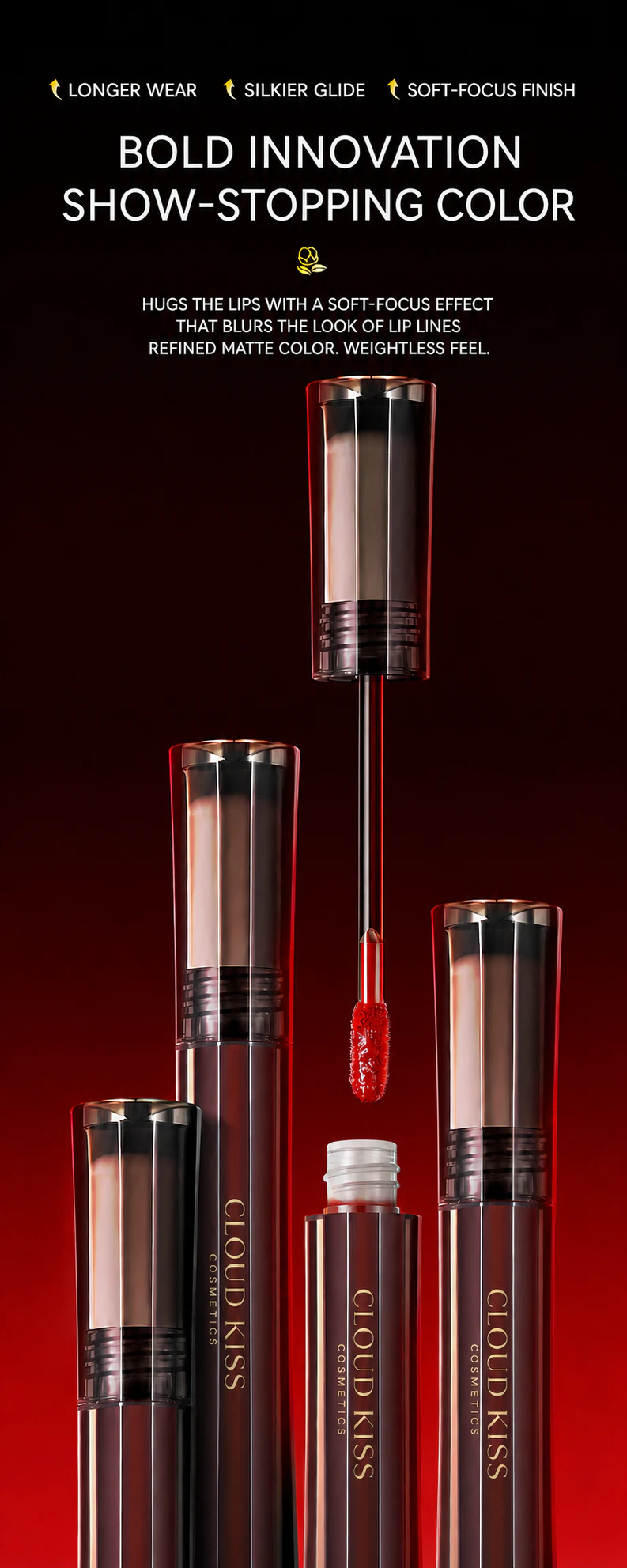 Midnight Passion tubes and applicator against a deep red background