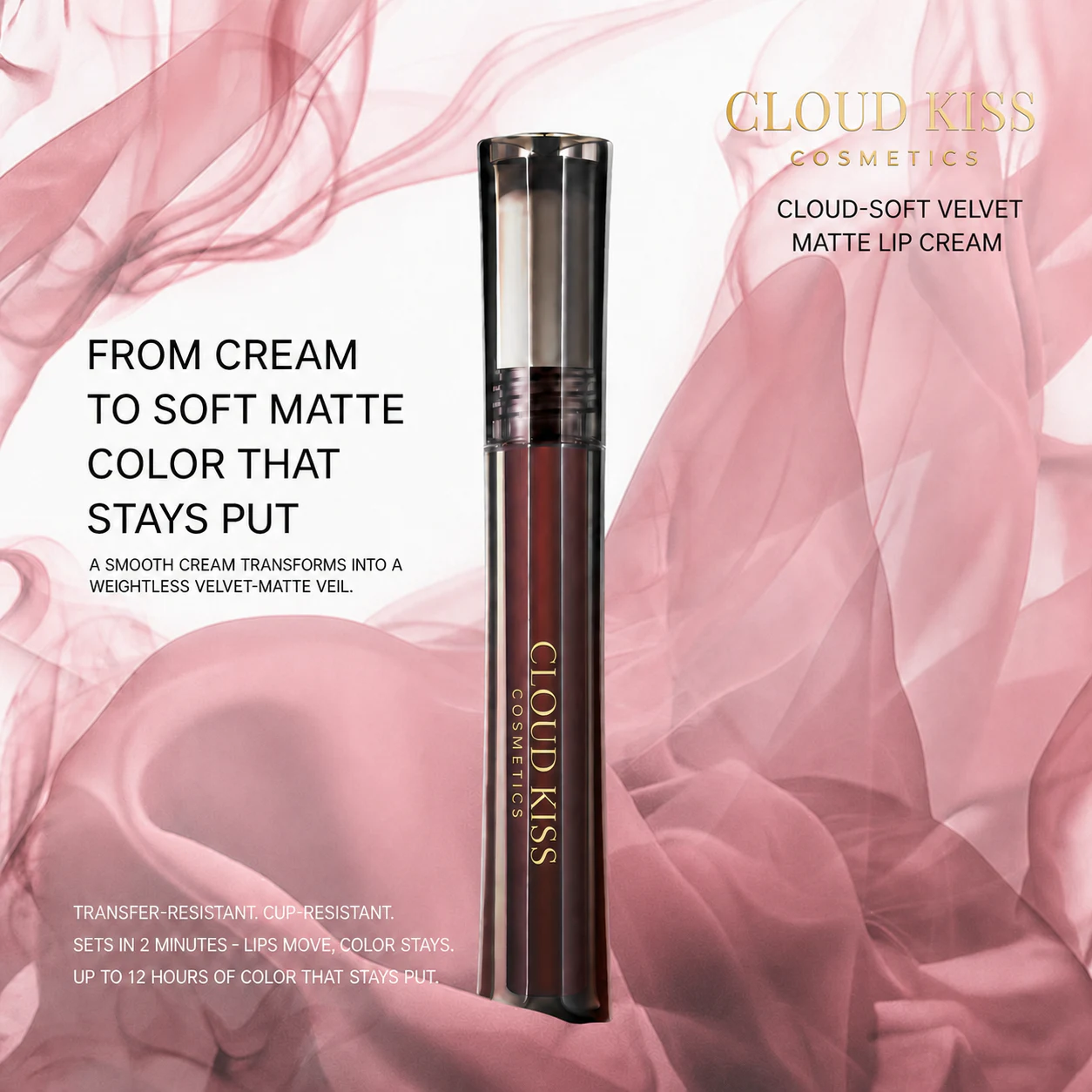 Midnight Passion lip cream standing among dreamy pink ribbons