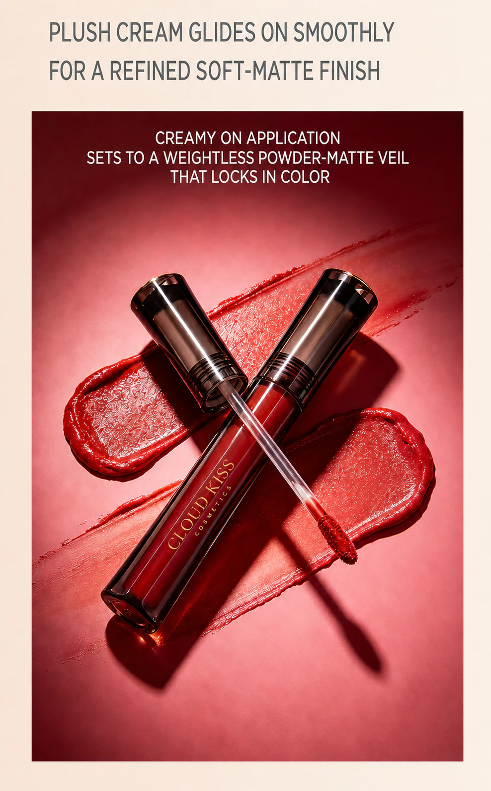 Midnight Passion lip cream and applicator over velvety red swatches